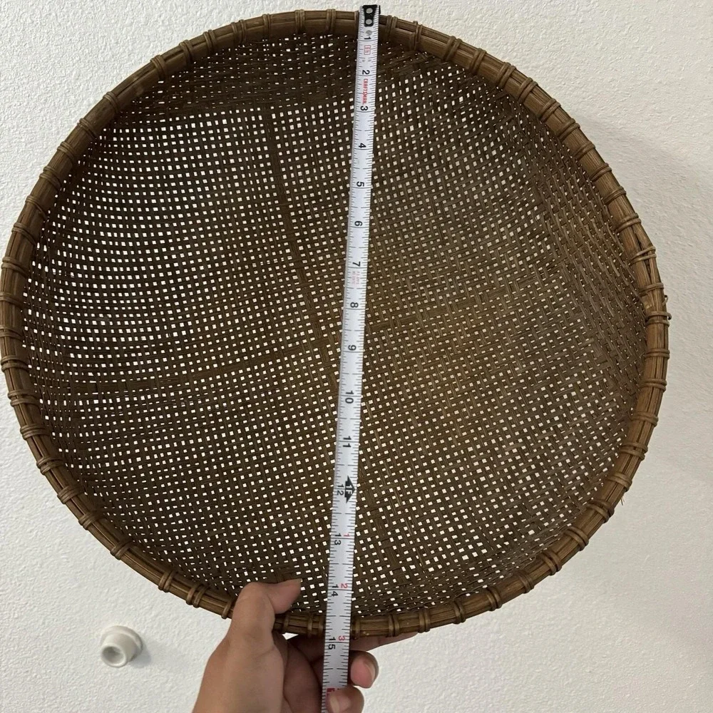 VTG Woven Bamboo Rattan Round Fruit Basket Decorative Bowl Brown 15 Inch
